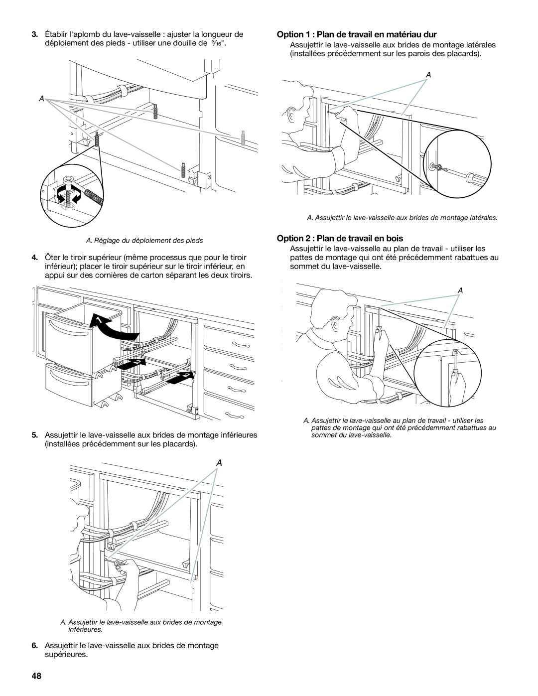 KitchenAid W10118037B installation instructions Option 1 Plan de travail en matériau dur, Option 2 Plan de travail en bois 