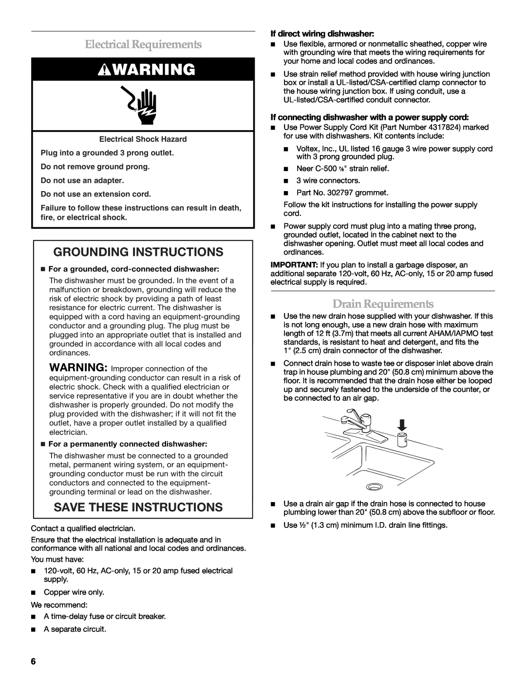KitchenAid W10118037B Electrical Requirements, Grounding Instructions, Save These Instructions, Drain Requirements 