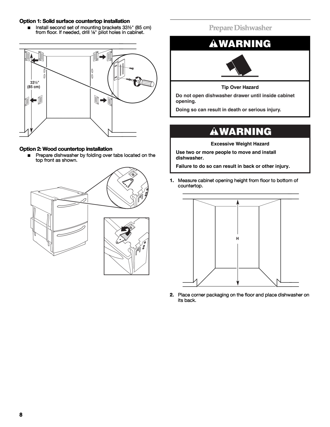 KitchenAid W10118037B installation instructions Prepare Dishwasher, Option 1 Solid surface countertop installation 