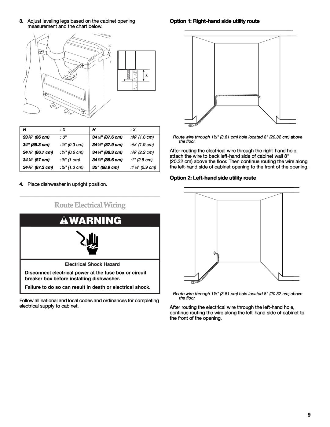 KitchenAid W10118037B installation instructions Route Electrical Wiring, Option 1 Right-hand side utility route 