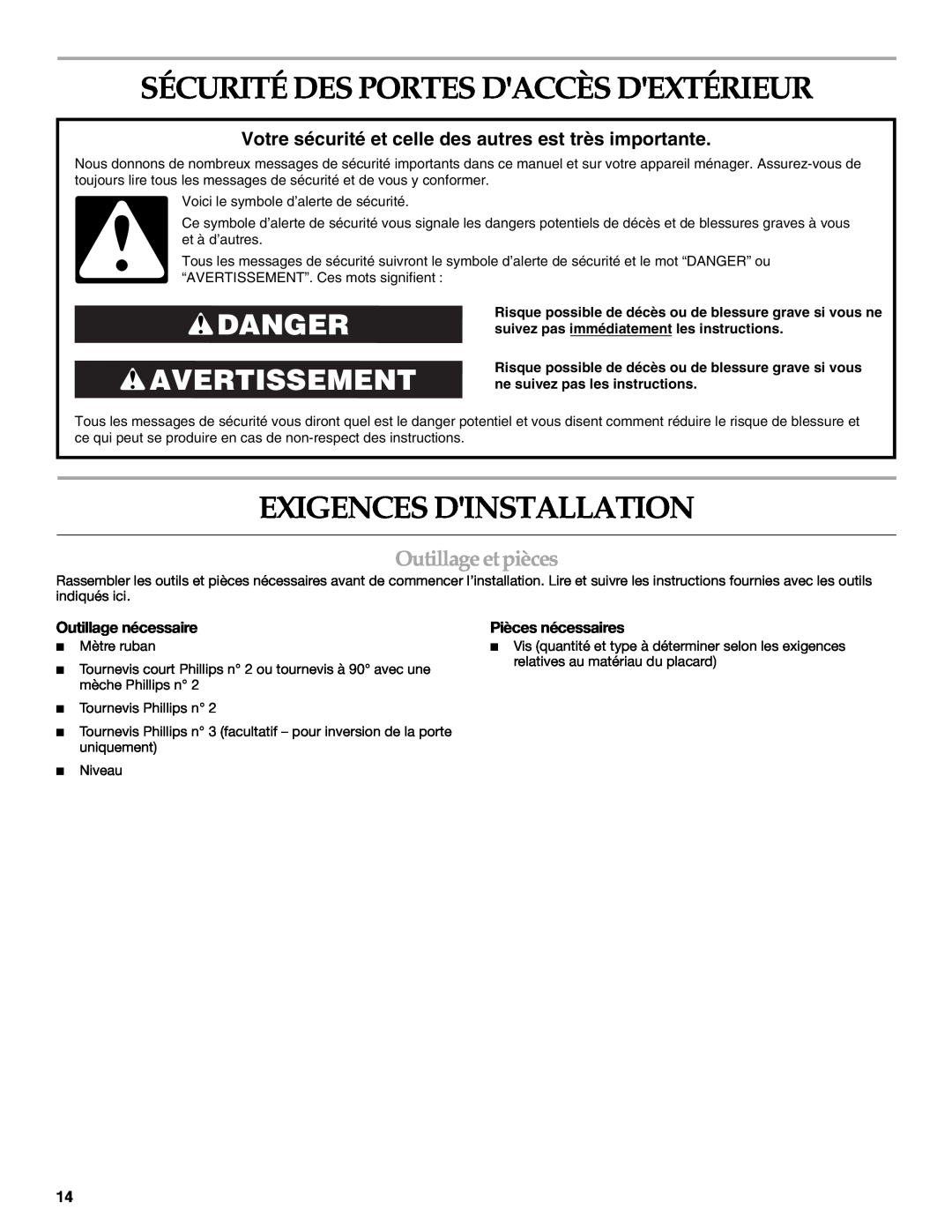KitchenAid KBAU482V, W10118096B Sécurité Des Portes Daccès Dextérieur, Exigences Dinstallation, Danger Avertissement 