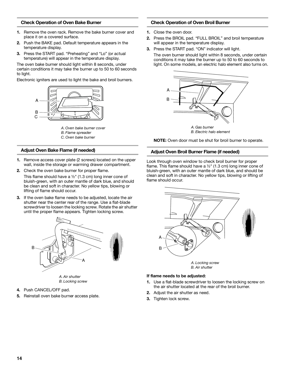 KitchenAid W10118262B installation instructions Check Operation of Oven Bake Burner, Check Operation of Oven Broil Burner 