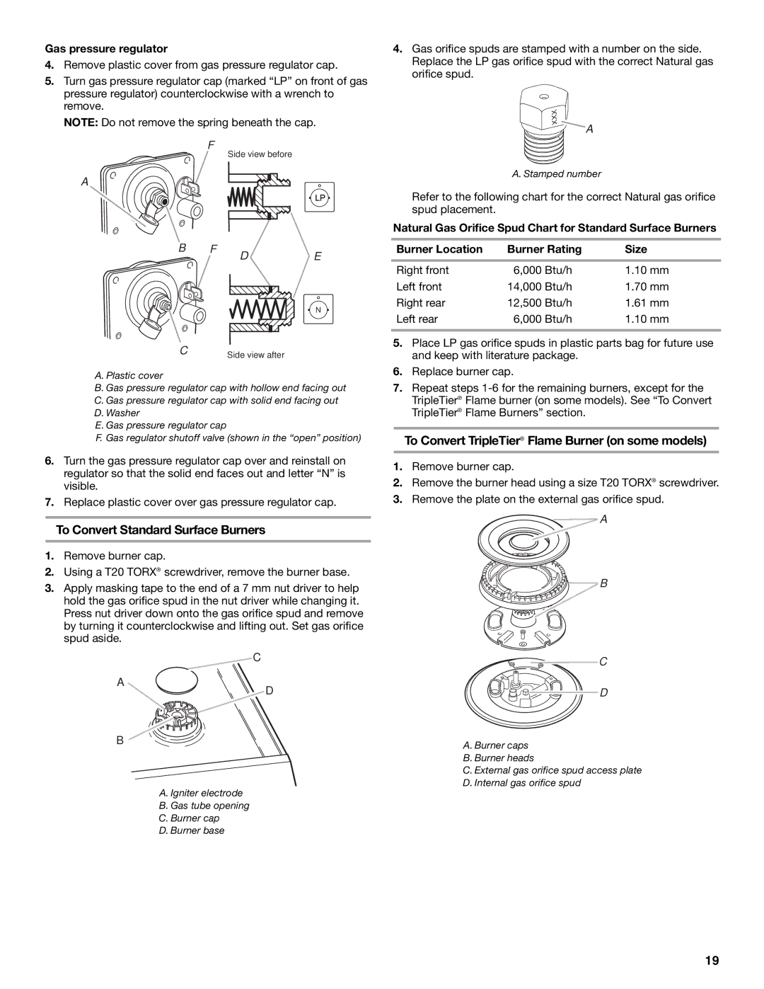 KitchenAid W10118262B installation instructions To Convert TripleTier Flame Burner on some models, Stamped number 