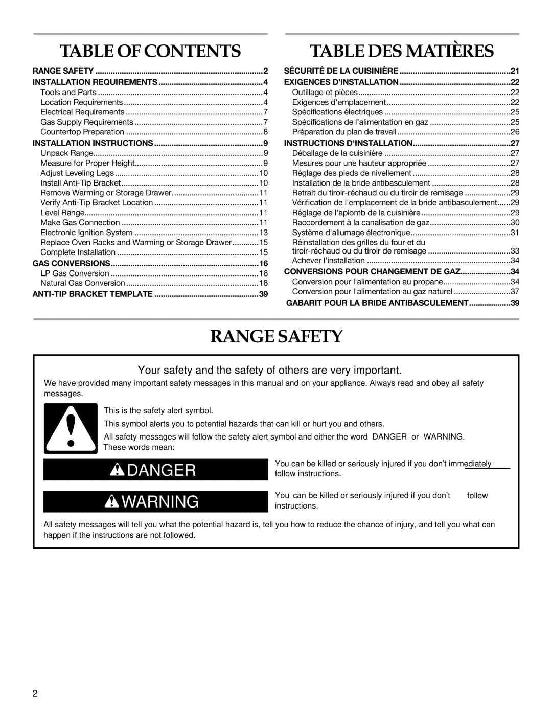 KitchenAid W10118262B installation instructions Table DES Matières, Range Safety 