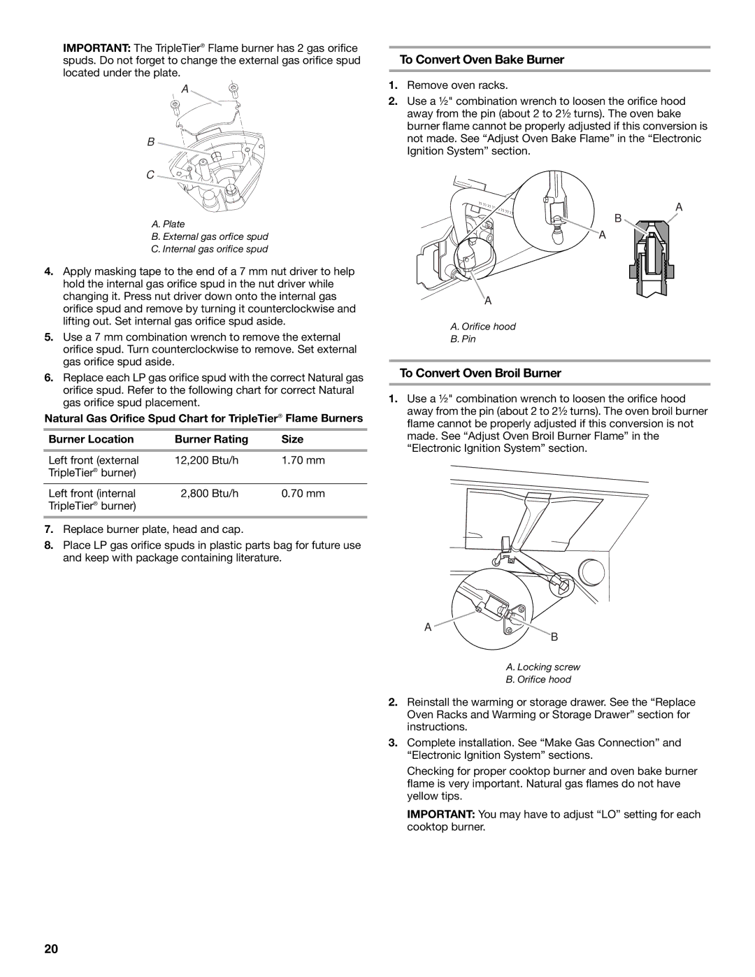 KitchenAid W10118262B installation instructions Plate External gas orfice spud Internal gas orifice spud 