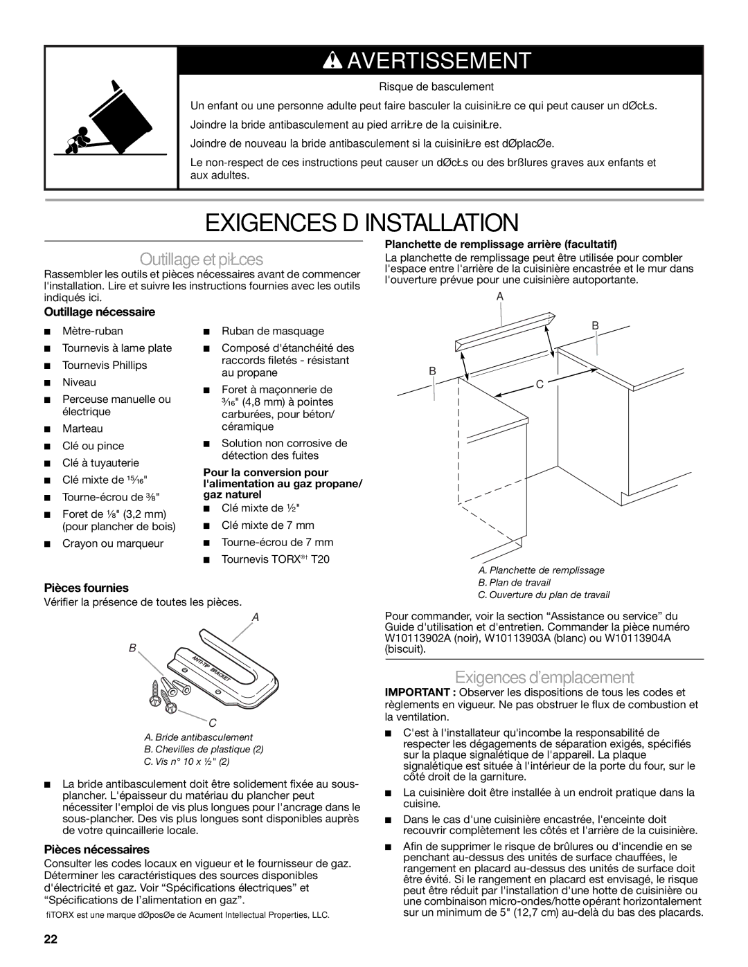 KitchenAid W10118262B installation instructions Exigences D’INSTALLATION, Outillageetpièces, Exigences demplacement 