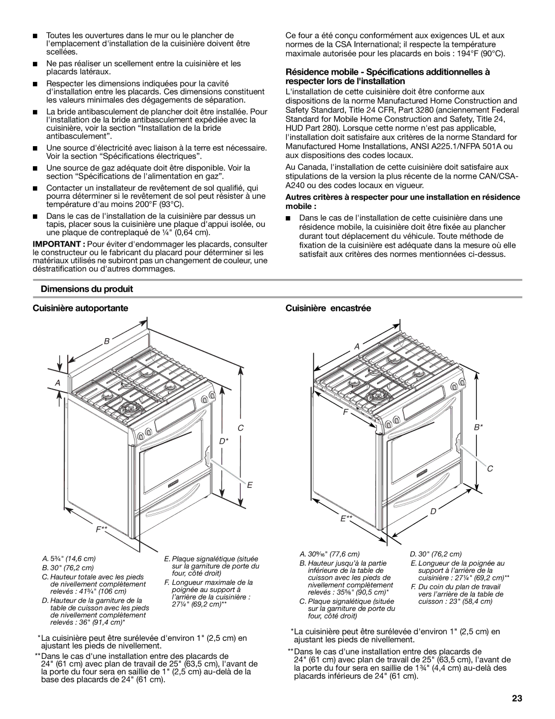 KitchenAid W10118262B Dimensions du produit Cuisinière autoportante, Cuisinière encastrée, ³⁄₄ 14,6 cm 30 76,2 cm 