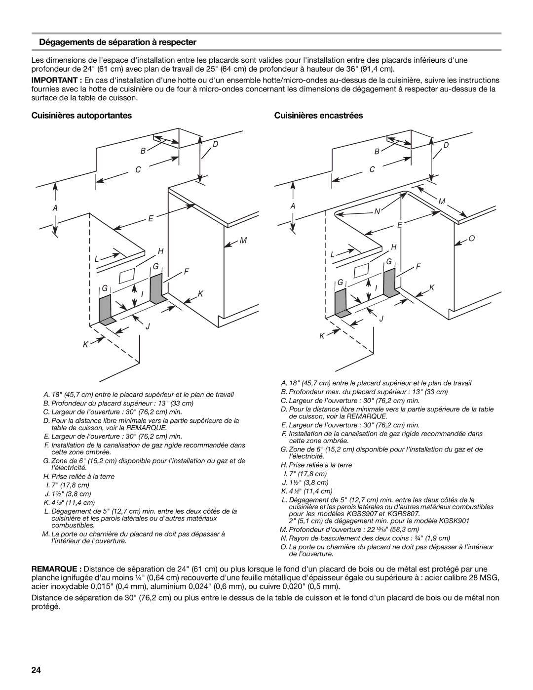 KitchenAid W10118262B Dégagements de séparation à respecter, Cuisinières autoportantes, Cuisinières encastrées 