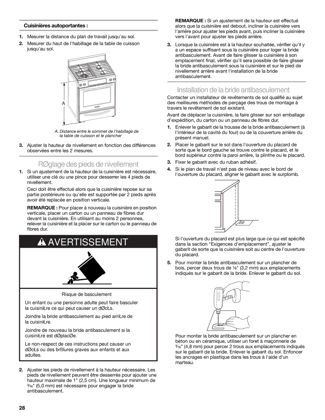 KitchenAid W10118262B installation instructions Réglage des pieds denivellement, Installation dela brideantibasculement 
