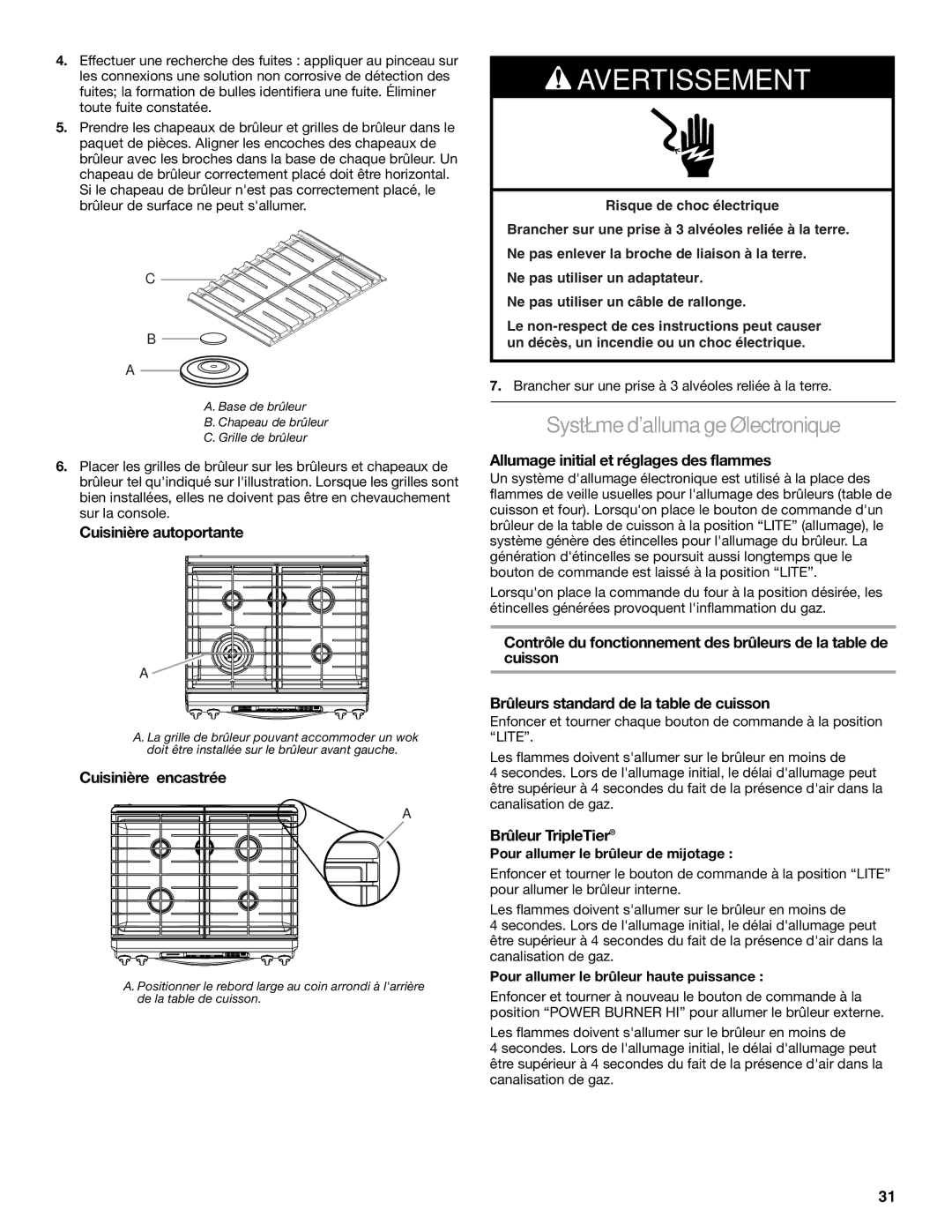 KitchenAid W10118262B Systèmedallumageélectronique, Cuisinière encastrée, Allumage initial et réglages des flammes 