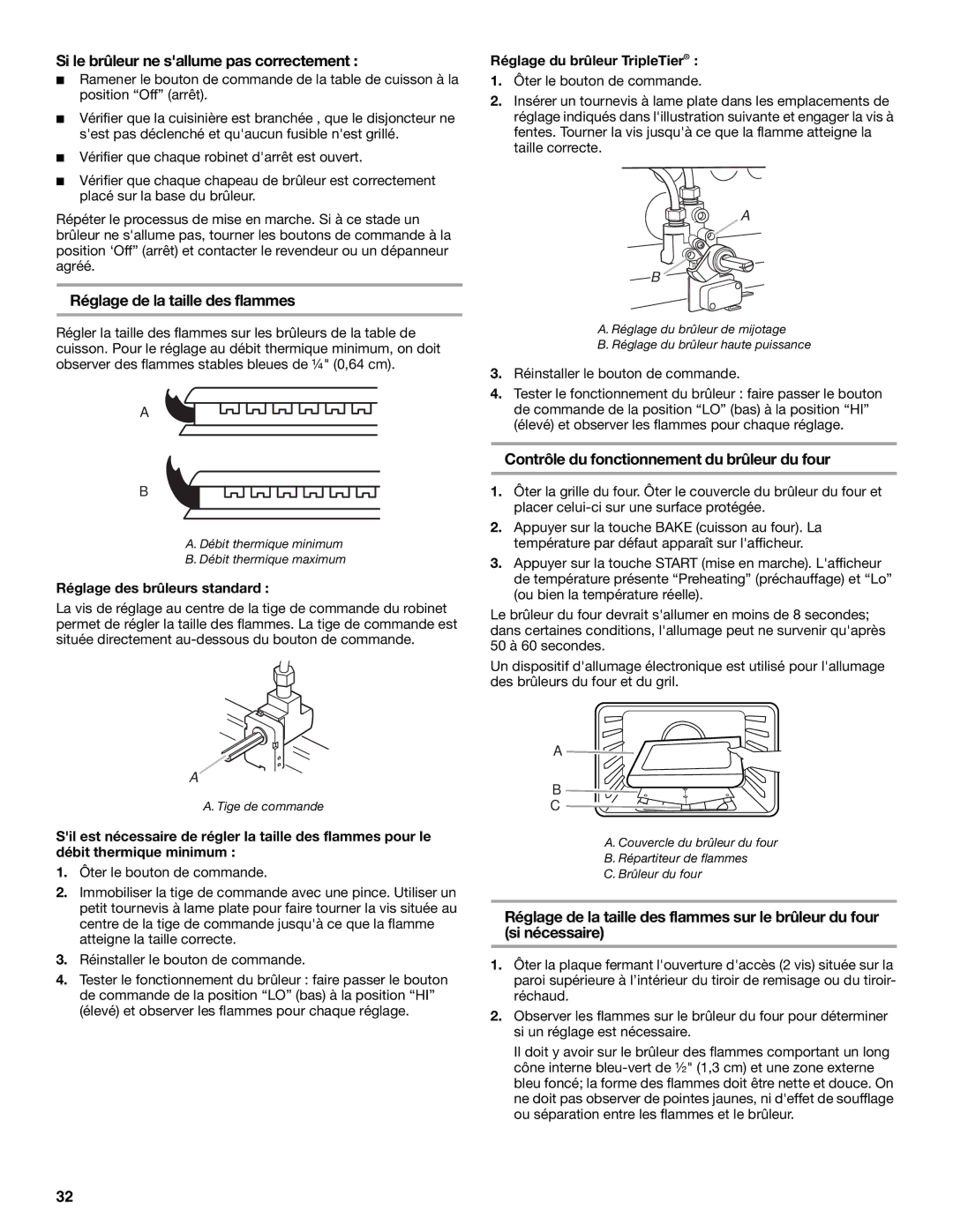 KitchenAid W10118262B installation instructions Si le brûleur ne sallume pas correctement, Réglage de la taille des flammes 