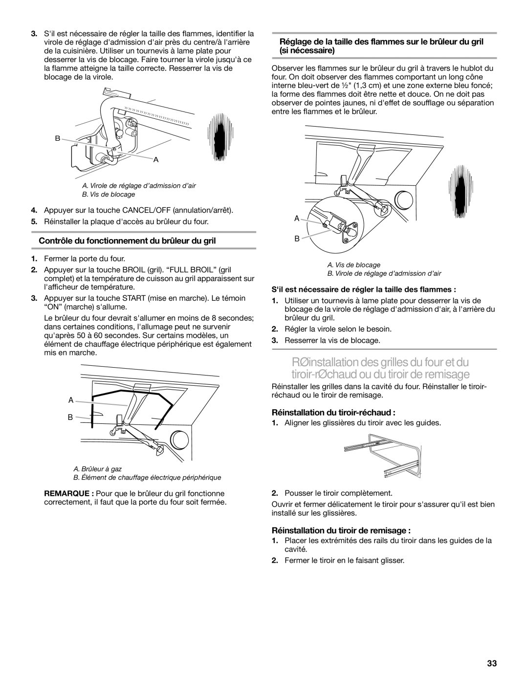 KitchenAid W10118262B Contrôle du fonctionnement du brûleur du gril, Réinstallation du tiroir-réchaud 