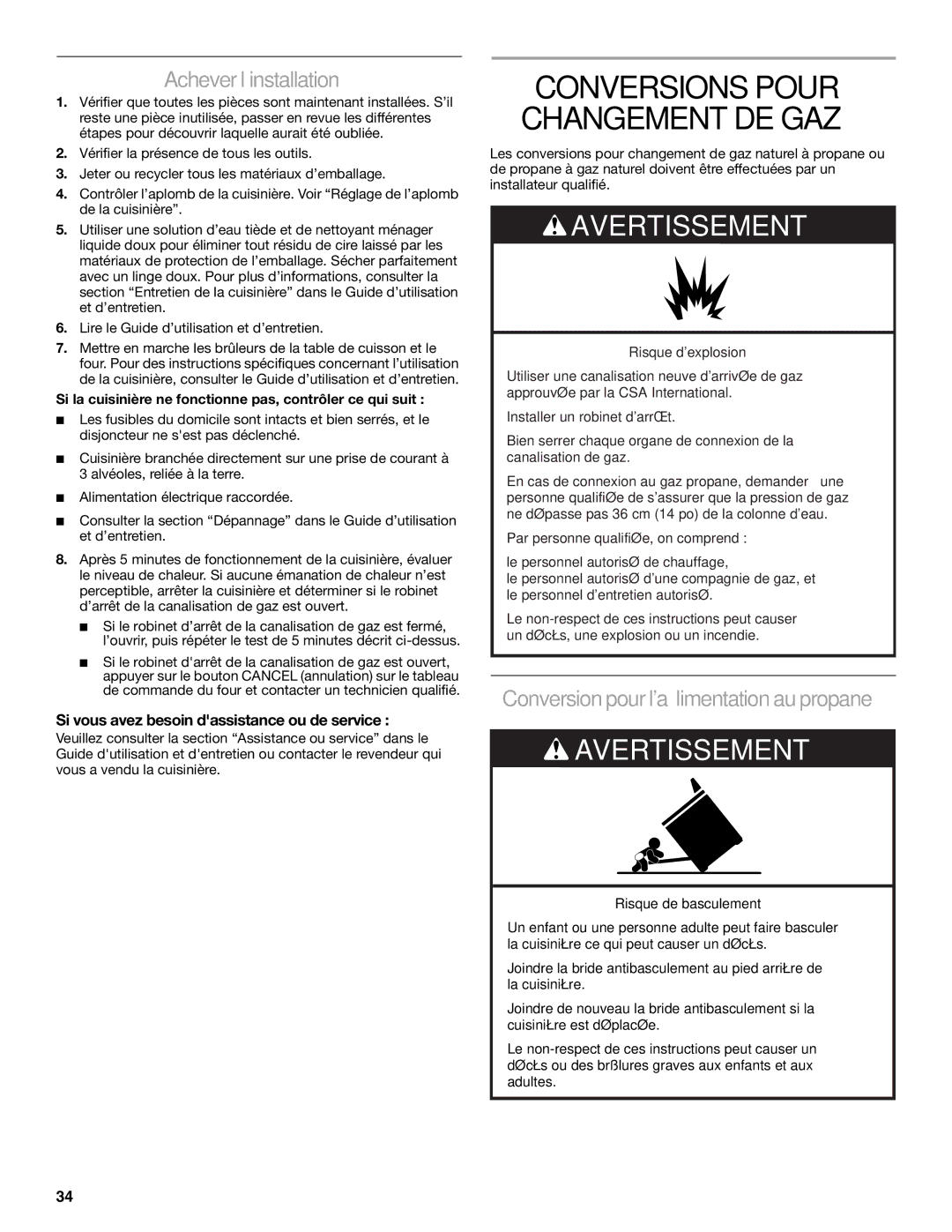 KitchenAid W10118262B installation instructions Acheverl’installation, Conversion pourlalimentationaupropane 