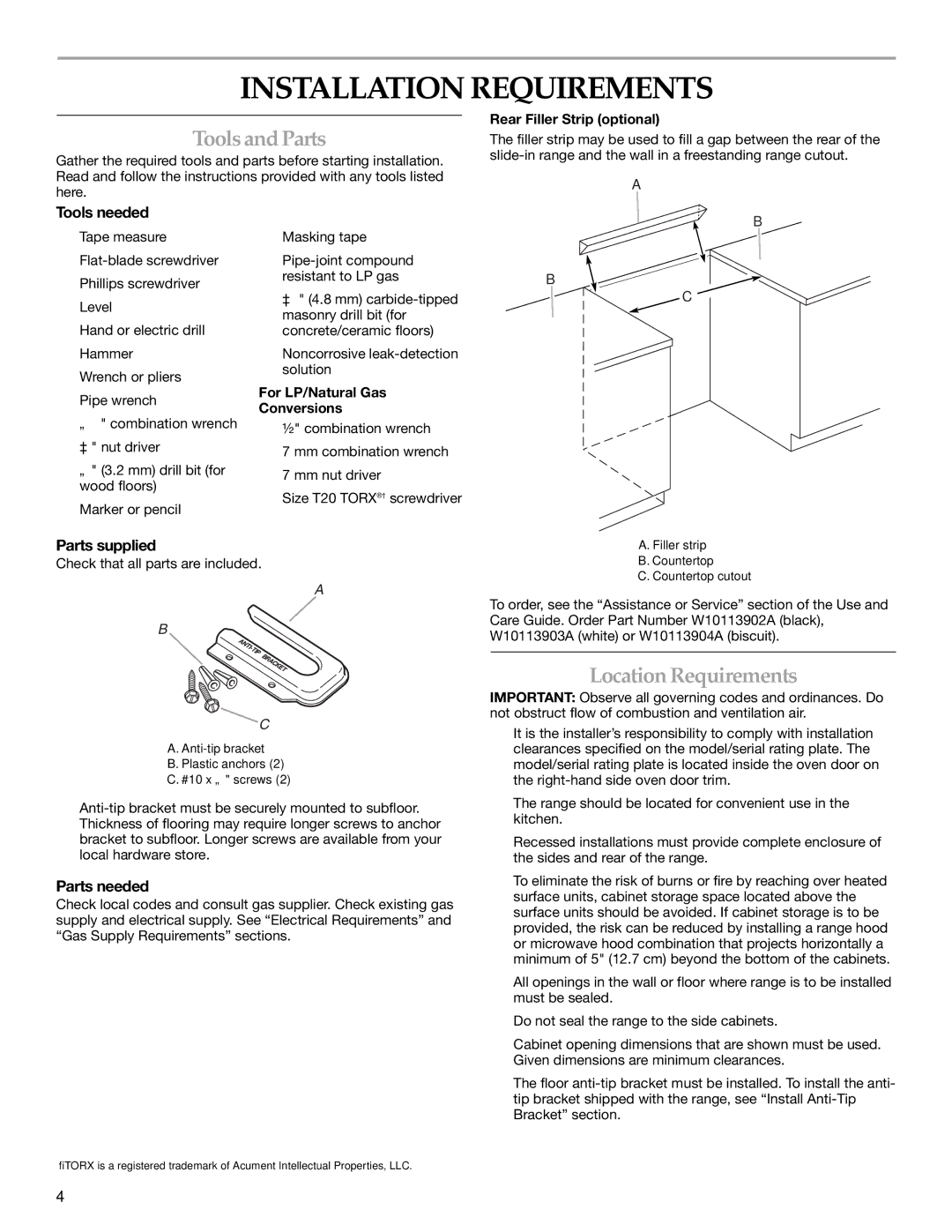 KitchenAid W10118262B installation instructions Installation Requirements, ToolsandParts, Location Requirements 