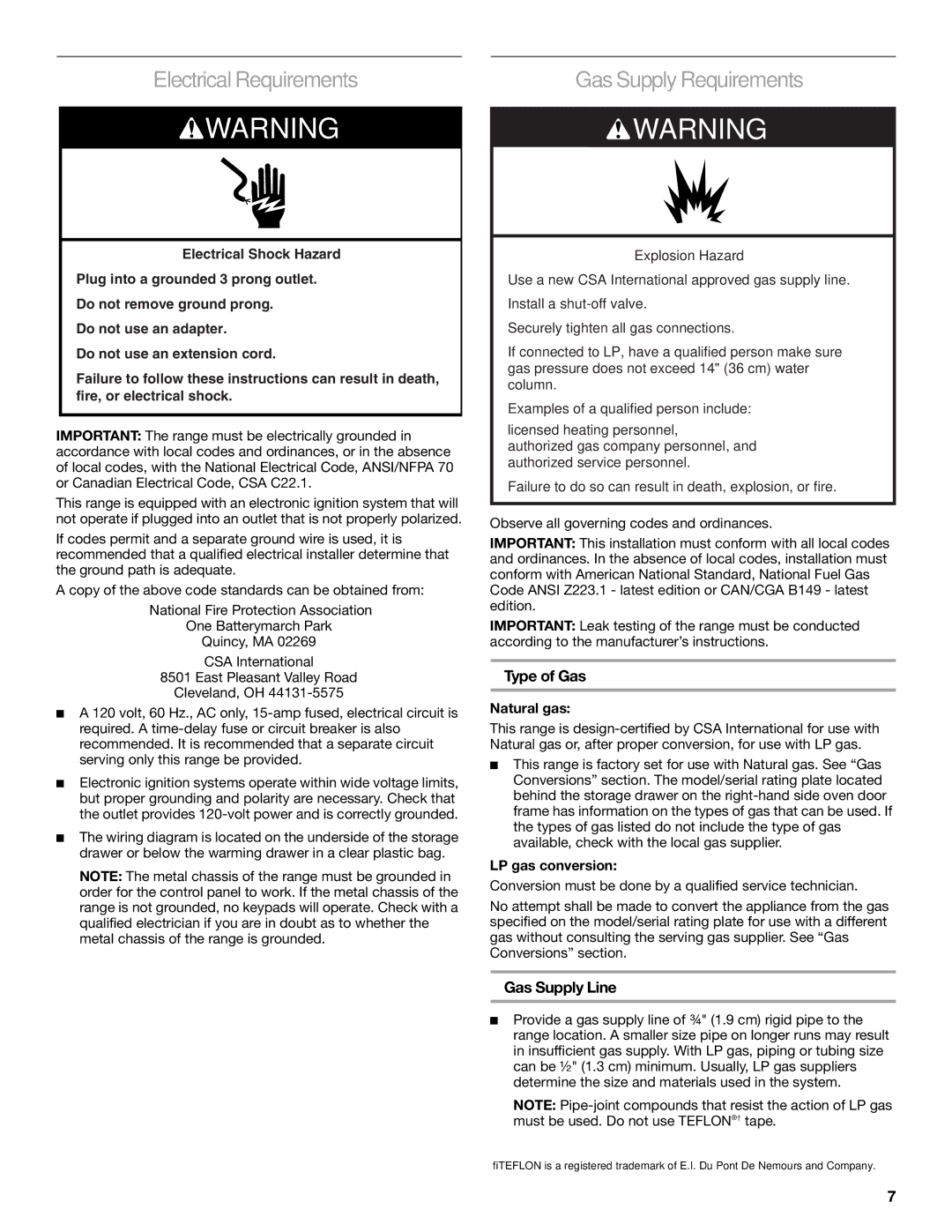 KitchenAid W10118262B Electrical RequirementsGas Supply Requirements, Type of Gas, Gas Supply Line, Natural gas 