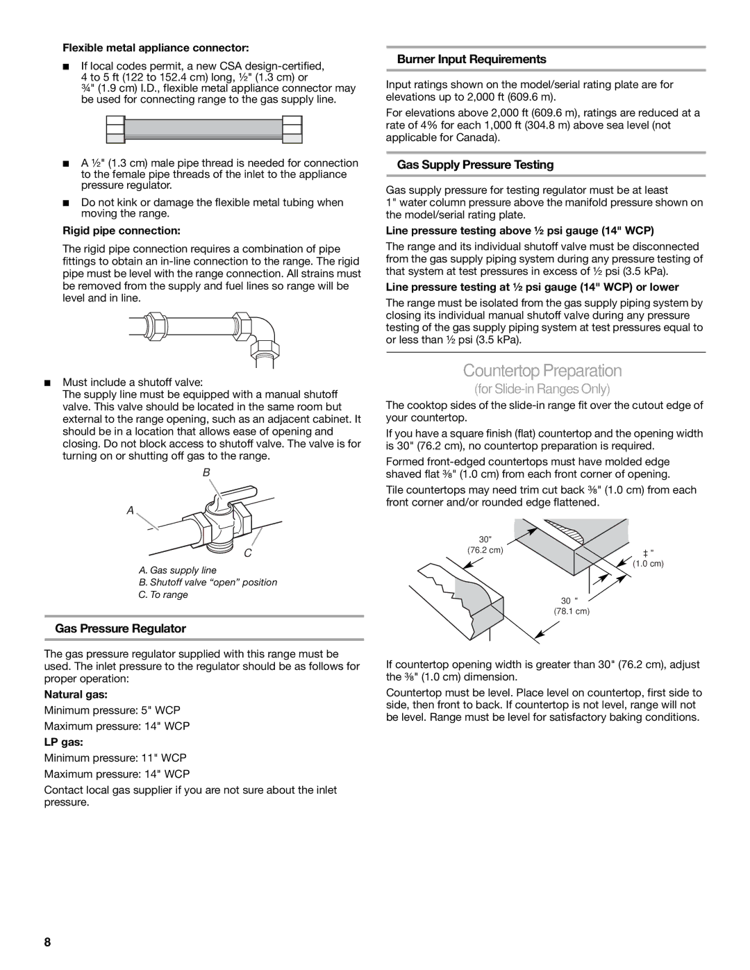 KitchenAid W10118262B CountertopPreparation, Burner Input Requirements, Gas Supply Pressure Testing 