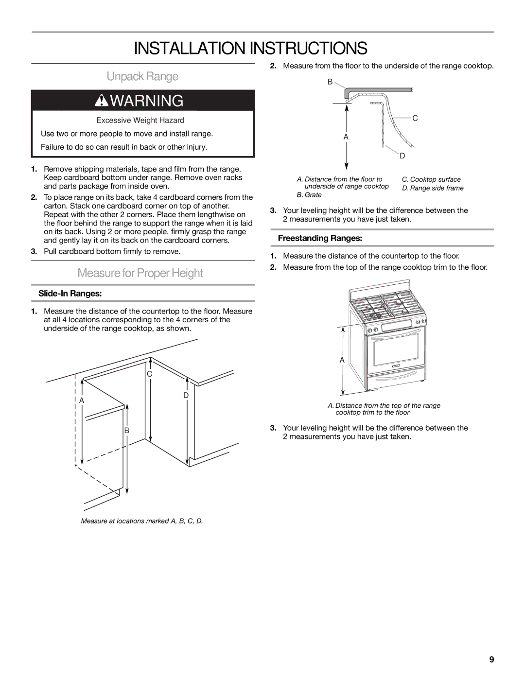 KitchenAid W10118262B Installation Instructions, Unpack Range, MeasureforProperHeight, Slide-In Ranges 