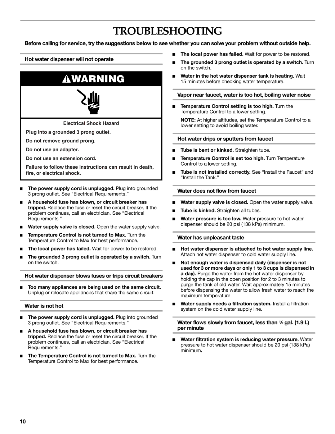 KitchenAid KHWC260, W10121528A, KHWL260, KHWG260 manual Troubleshooting 