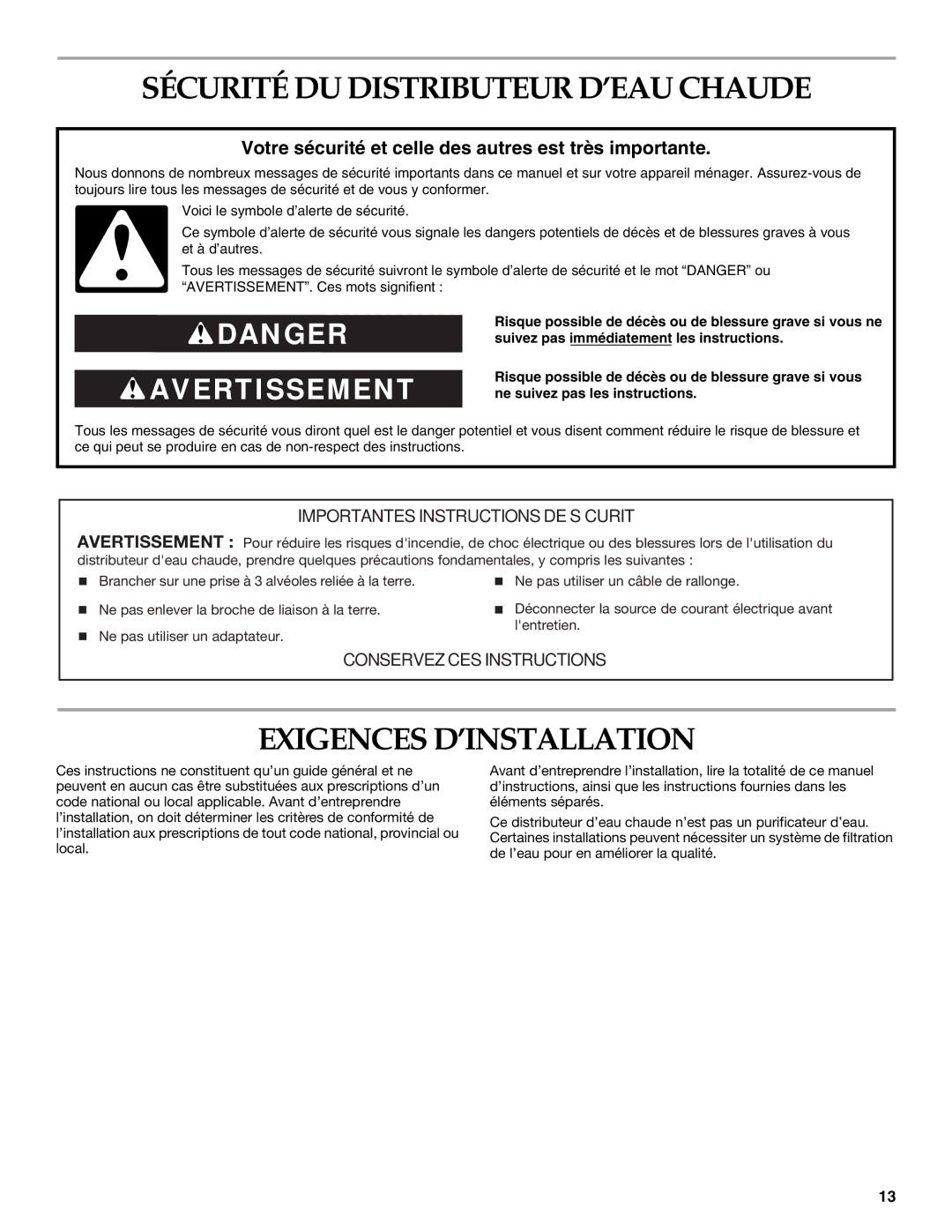 KitchenAid KHWL260, W10121528A, KHWC260, KHWG260 manual Sécurité DU Distributeur D’EAU Chaude, Exigences D’INSTALLATION 