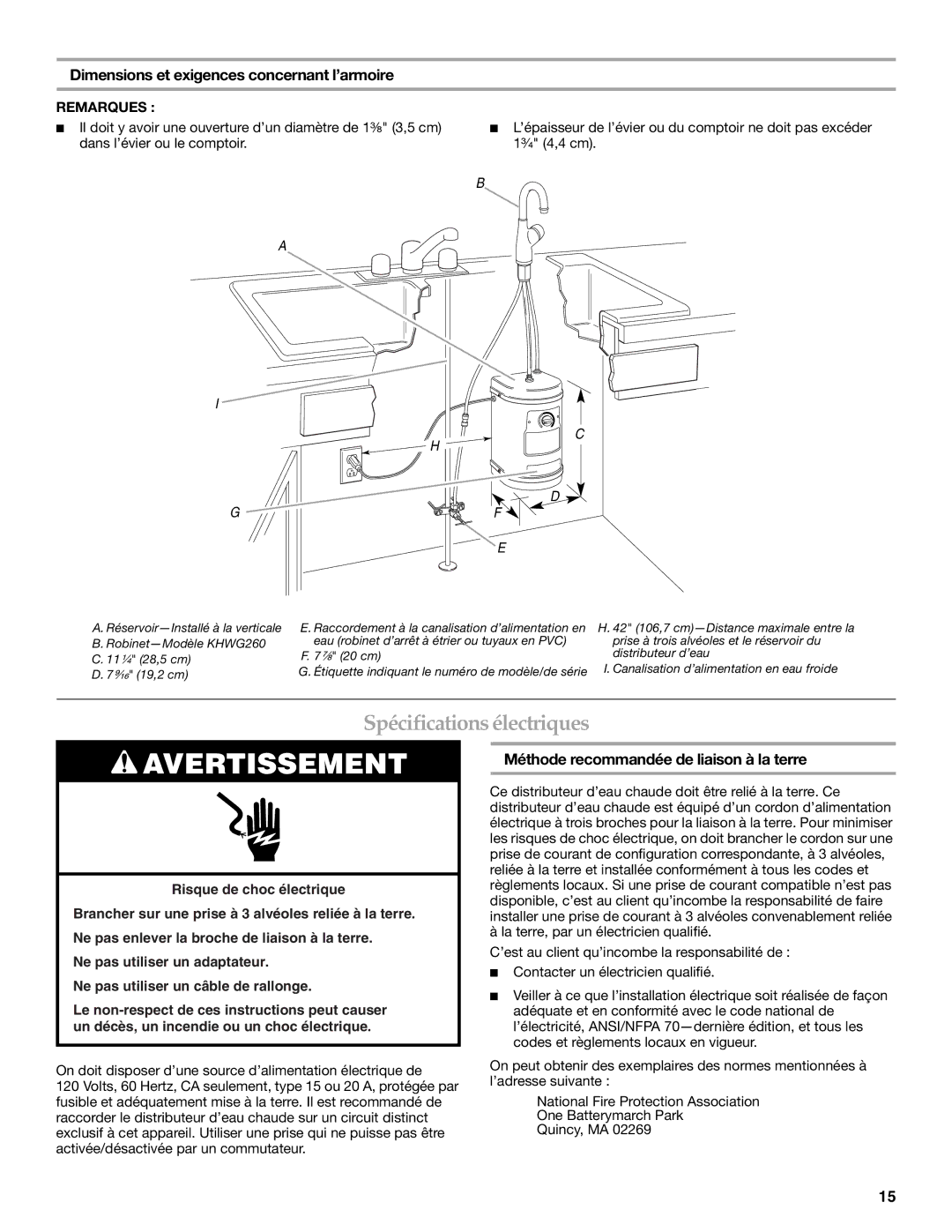 KitchenAid KHWG260, W10121528A, KHWL260 Spécificationsélectriques, Dimensions et exigences concernant l’armoire, Remarques 