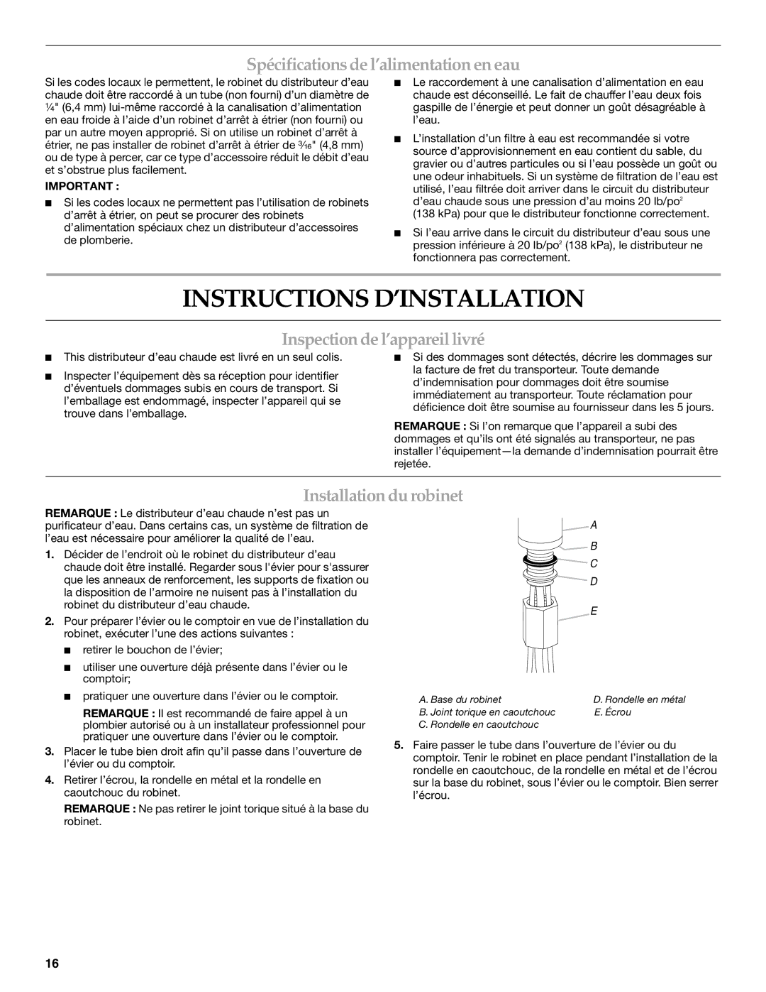 KitchenAid W10121528A Instructions D’INSTALLATION, Spécificationsde l’alimentationeneau, Inspectionde l’appareillivré 