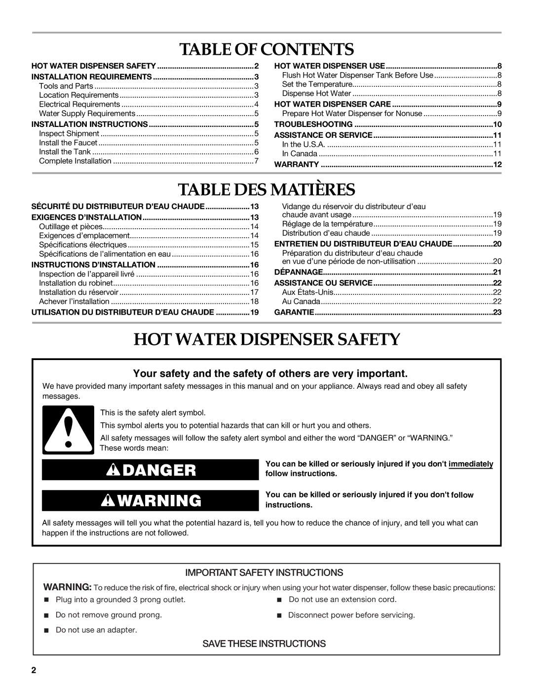 KitchenAid KHWC260, W10121528A, KHWL260, KHWG260 manual Table of Contents, Table DES Matières, HOT Water Dispenser Safety 