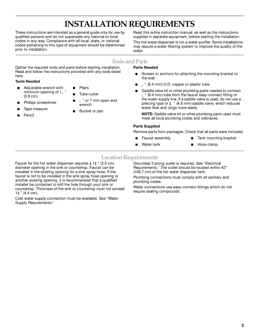 KitchenAid KHWG260, W10121528A, KHWL260, KHWC260 manual Installation Requirements, ToolsandParts, LocationRequirements 