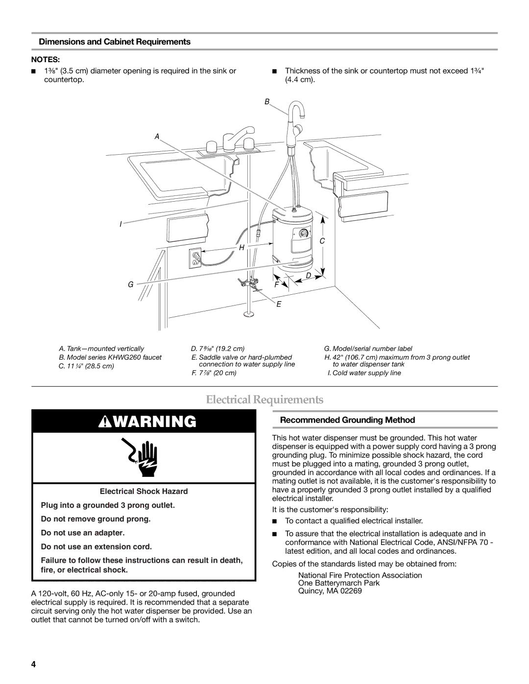 KitchenAid W10121528A, KHWL260 ElectricalRequirements, Dimensions and Cabinet Requirements, Recommended Grounding Method 