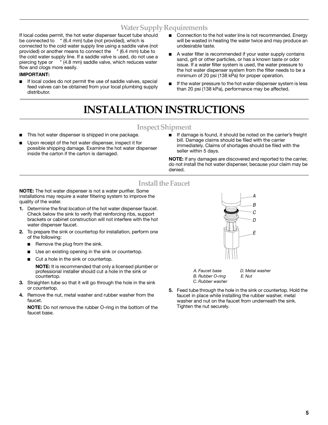 KitchenAid KHWL260, W10121528A manual Installation Instructions, WaterSupplyRequirements, InspectShipment, InstalltheFaucet 