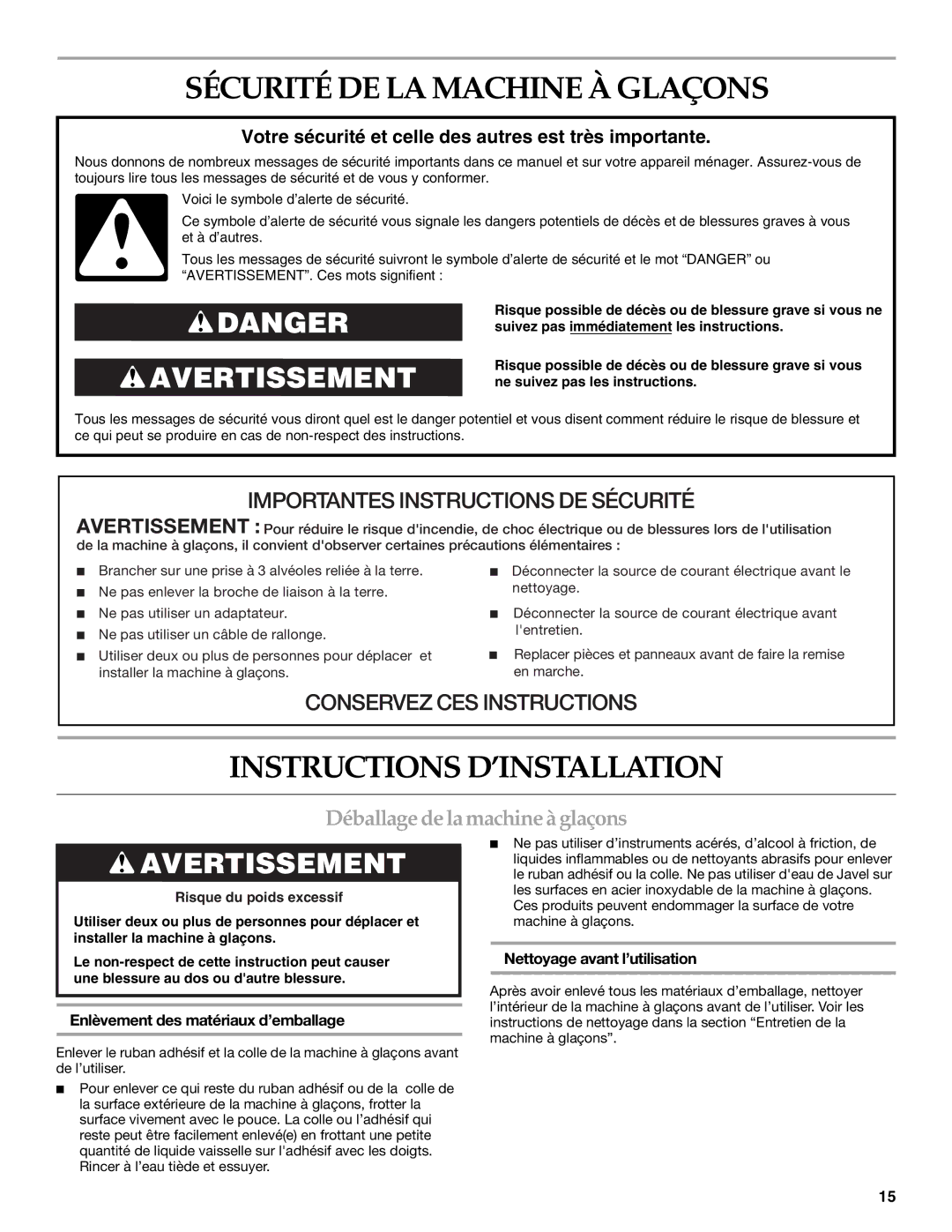 KitchenAid W10136157B Sécurité DE LA Machine À Glaçons, Instructions D’INSTALLATION, Déballage de la machine à glaçons 