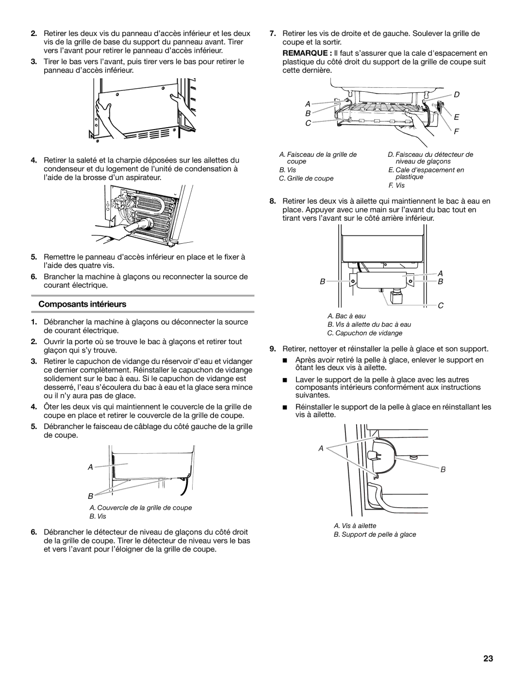 KitchenAid W10136157B manual Composants intérieurs, Vis à ailette Support de pelle à glace 