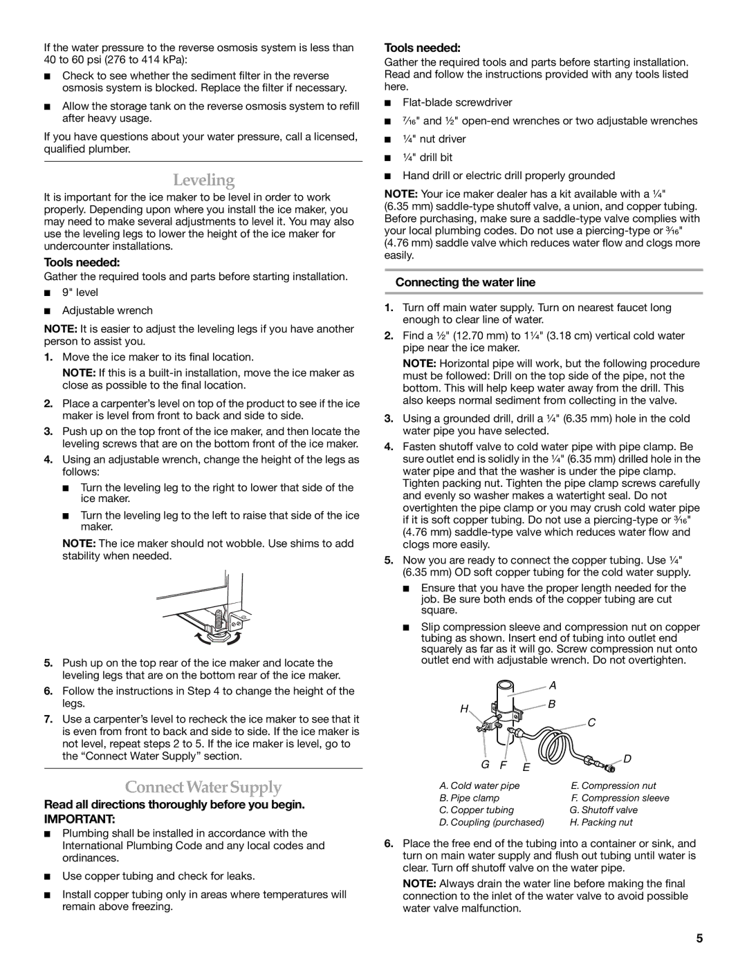 KitchenAid W10136157B manual Leveling, ConnectWater Supply, Tools needed, Connecting the water line 