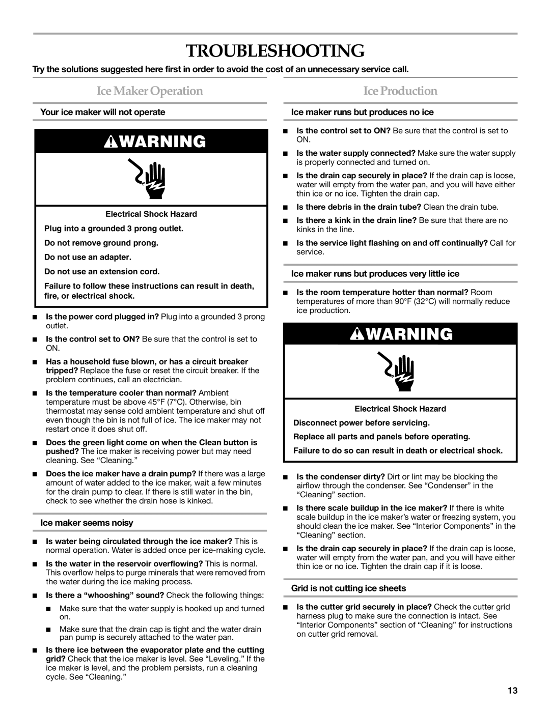 KitchenAid W10136912C manual Troubleshooting, Ice Maker Operation 