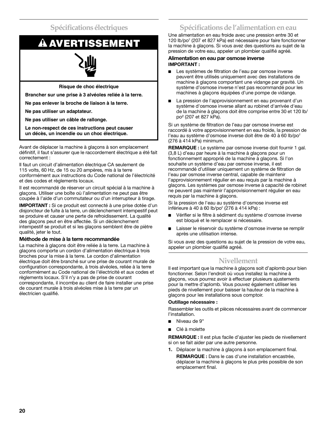 KitchenAid W10136912C manual Spécifications électriques, Spécifications de l’alimentation en eau, Nivellement 