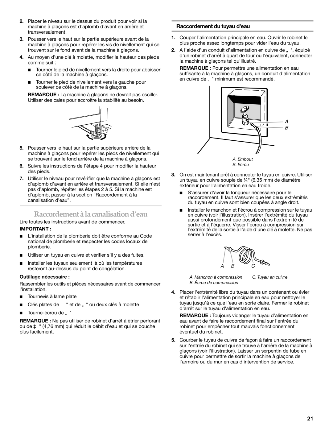 KitchenAid W10136912C manual Raccordement à la canalisation d’eau, Raccordement du tuyau d’eau 