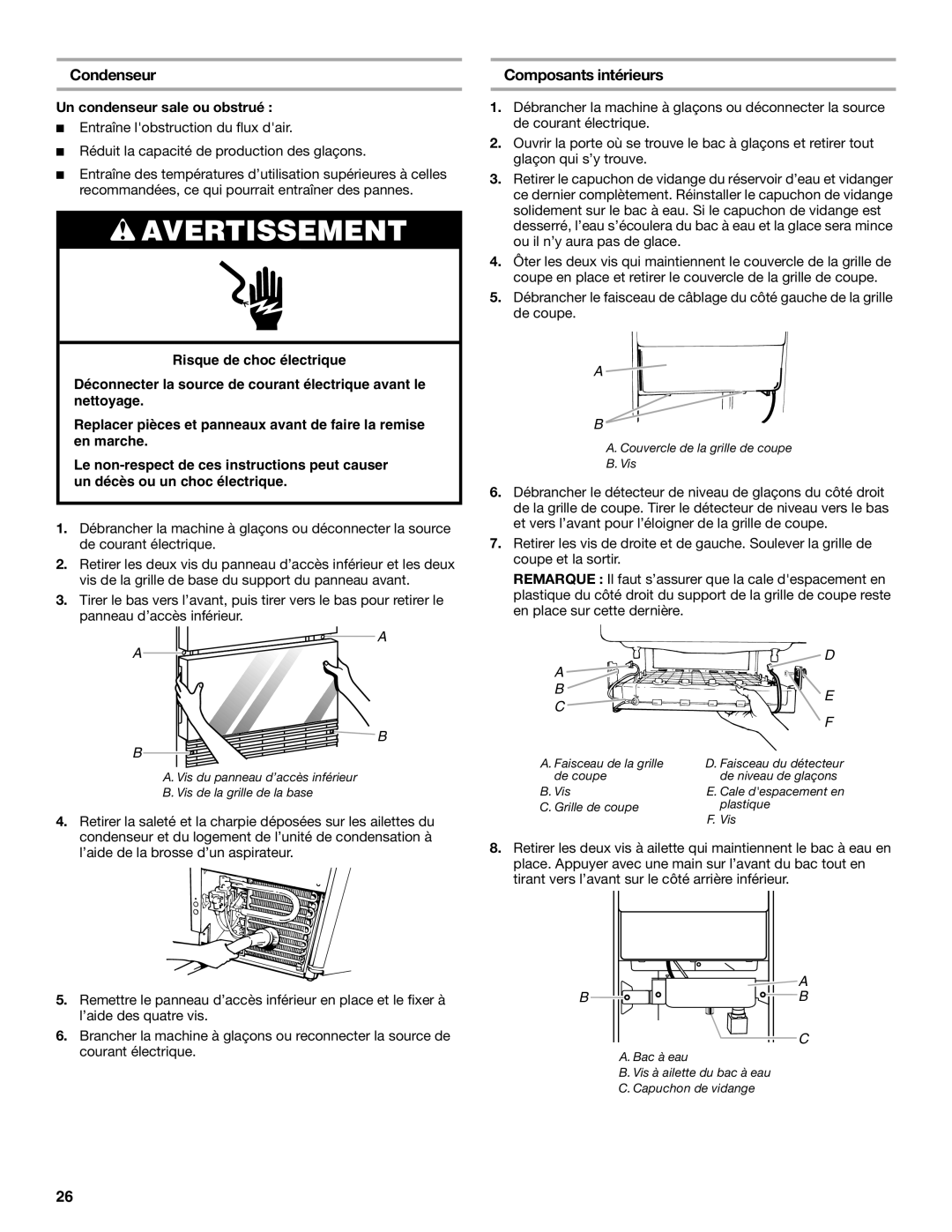 KitchenAid W10136912C manual Condenseur, Composants intérieurs, Un condenseur sale ou obstrué 