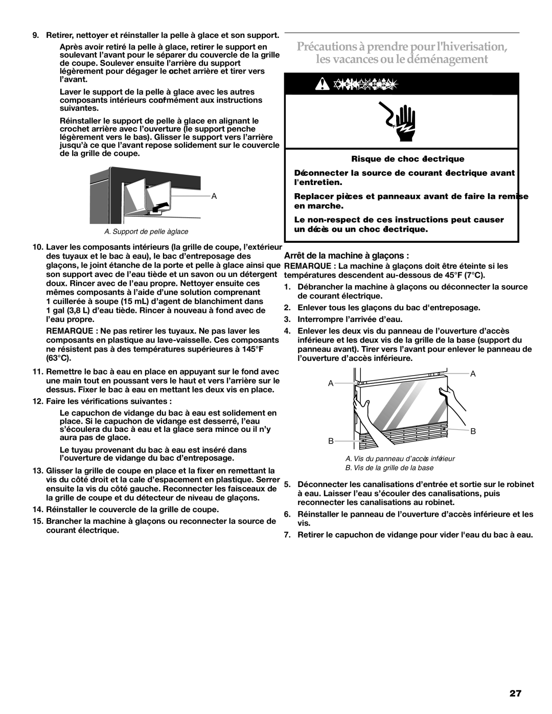 KitchenAid W10136912C manual Arrêt de la machine à glaçons, Support de pelle à glace 