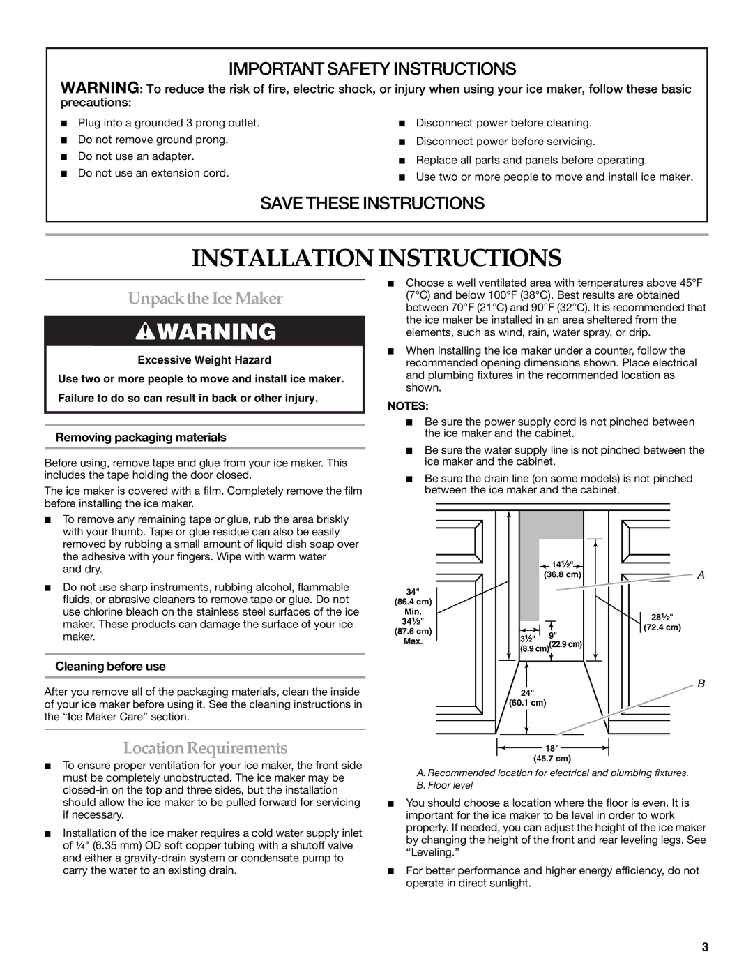 KitchenAid W10136912C Installation Instructions, Unpack the Ice Maker, Location Requirements, Removing packaging materials 