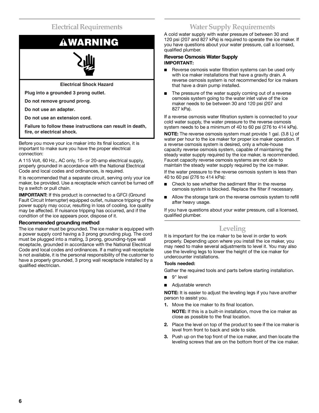 KitchenAid W10136912C manual Electrical Requirements, Water Supply Requirements, Leveling, Recommended grounding method 