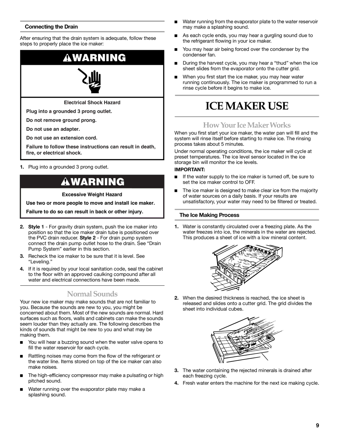 KitchenAid W10136912C ICE Maker USE, Normal Sounds, How Your Ice Maker Works, Connecting the Drain, Ice Making Process 