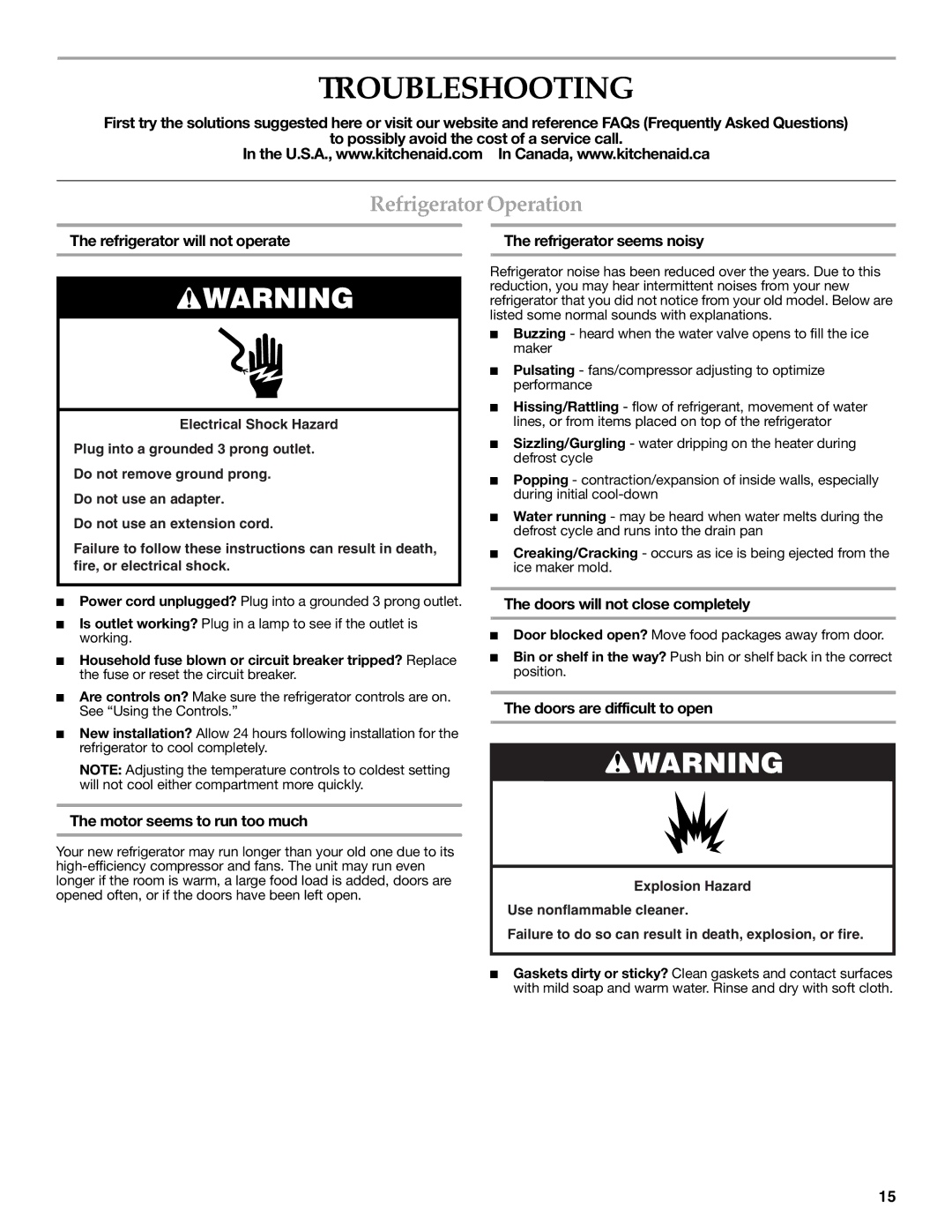 KitchenAid W10137649A installation instructions Troubleshooting, Refrigerator Operation 