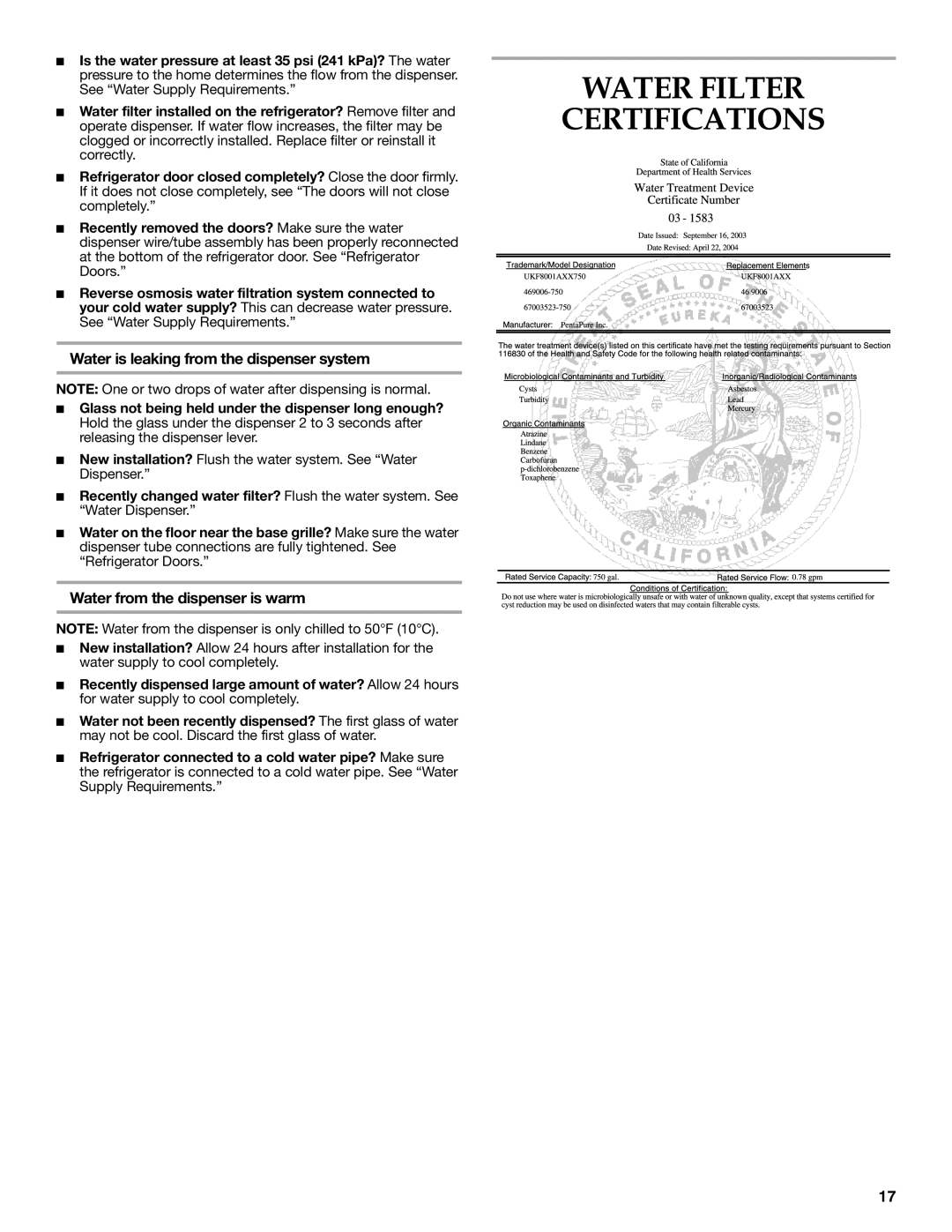 KitchenAid W10137649A installation instructions Water Filter Certifications, Water is leaking from the dispenser system 