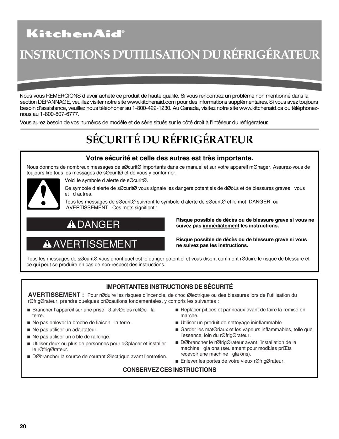 KitchenAid W10137649A installation instructions Instructions Dutilisation DU Réfrigérateur, Sécurité DU Réfrigérateur 