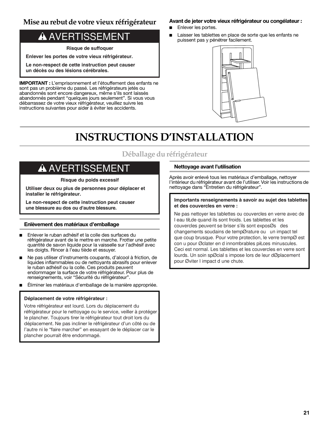 KitchenAid W10137649A Instructions D’INSTALLATION, Déballage du réfrigérateur, Enlèvement des matériaux d’emballage 