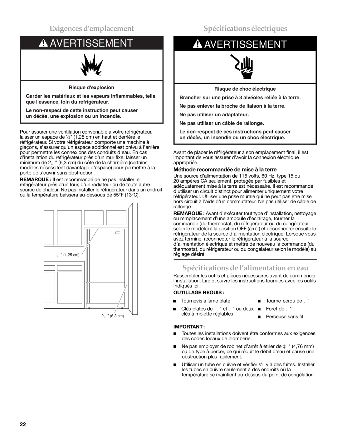 KitchenAid W10137649A Exigences demplacement, Spécifications électriques, Spécifications de l’alimentation en eau 