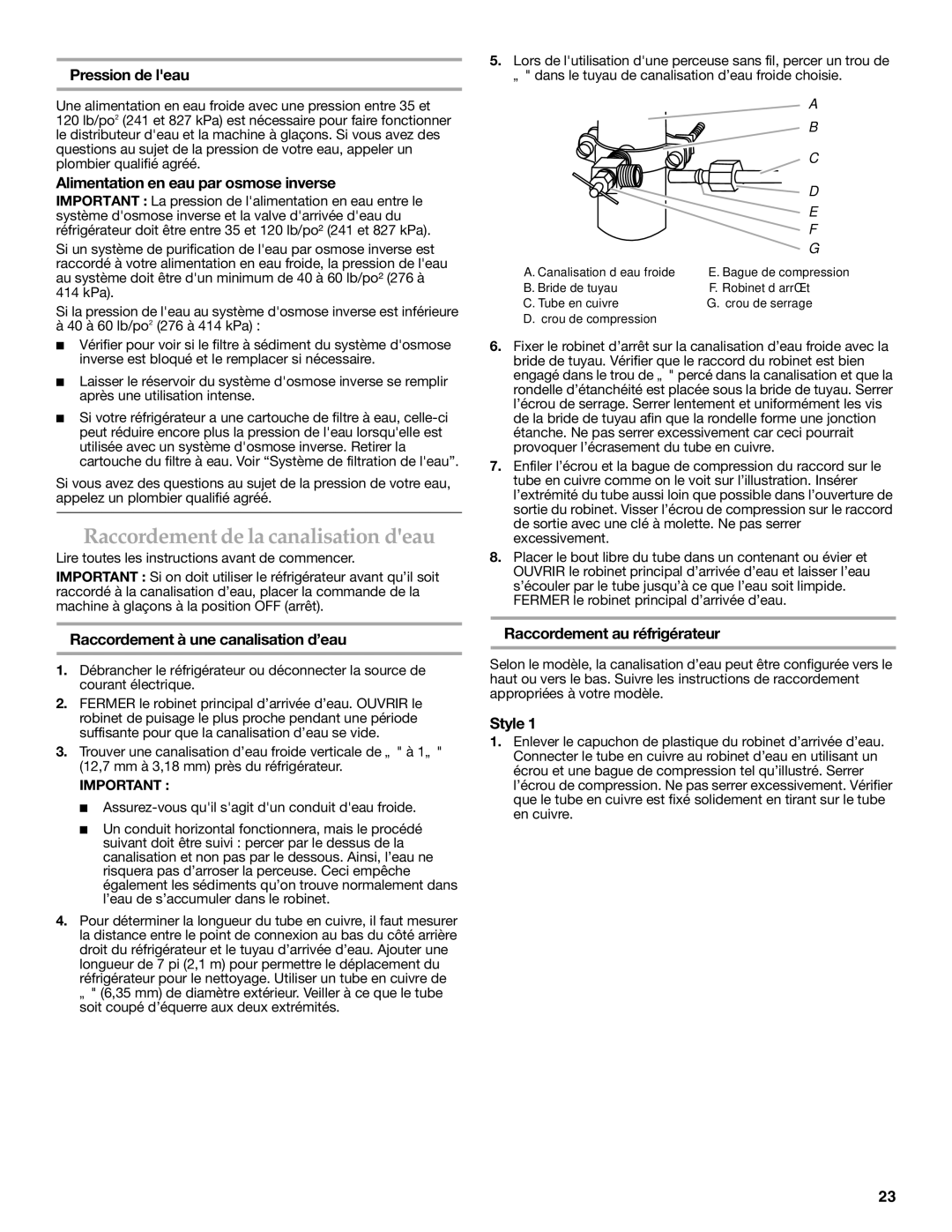 KitchenAid W10137649A Raccordement de la canalisation deau, Pression de leau, Alimentation en eau par osmose inverse 