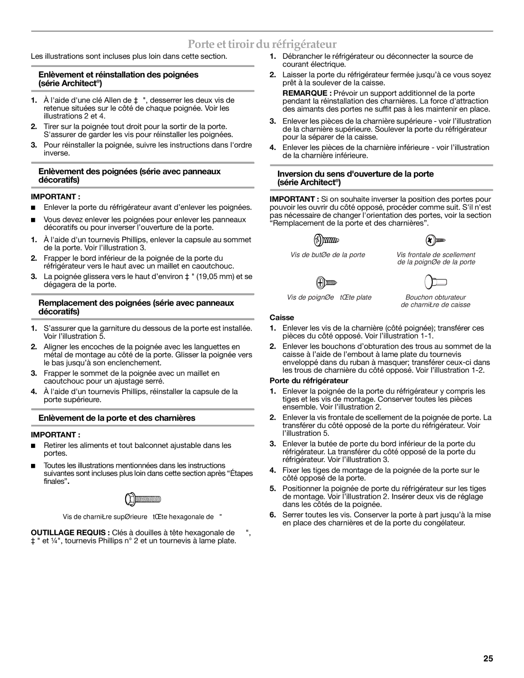 KitchenAid W10137649A installation instructions Porte et tiroir du réfrigérateur 