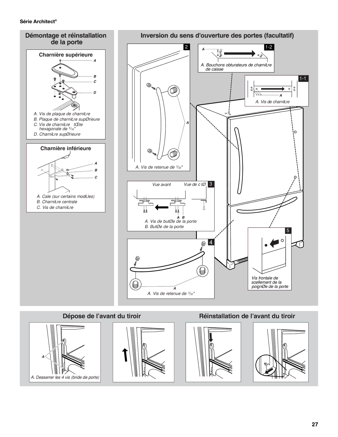 KitchenAid W10137649A installation instructions Inversion du sens douverture des portes facultatif, Série Architect 