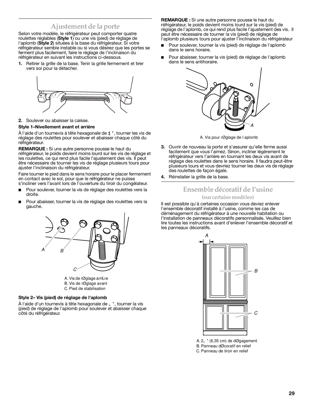 KitchenAid W10137649A Ajustement de la porte, Ensemble décoratif de l’usine, Style 1-Nivellement avant et arrière 