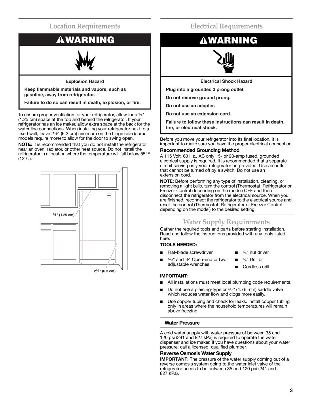 KitchenAid W10137649A installation instructions Location Requirements, Electrical Requirements, Water Supply Requirements 